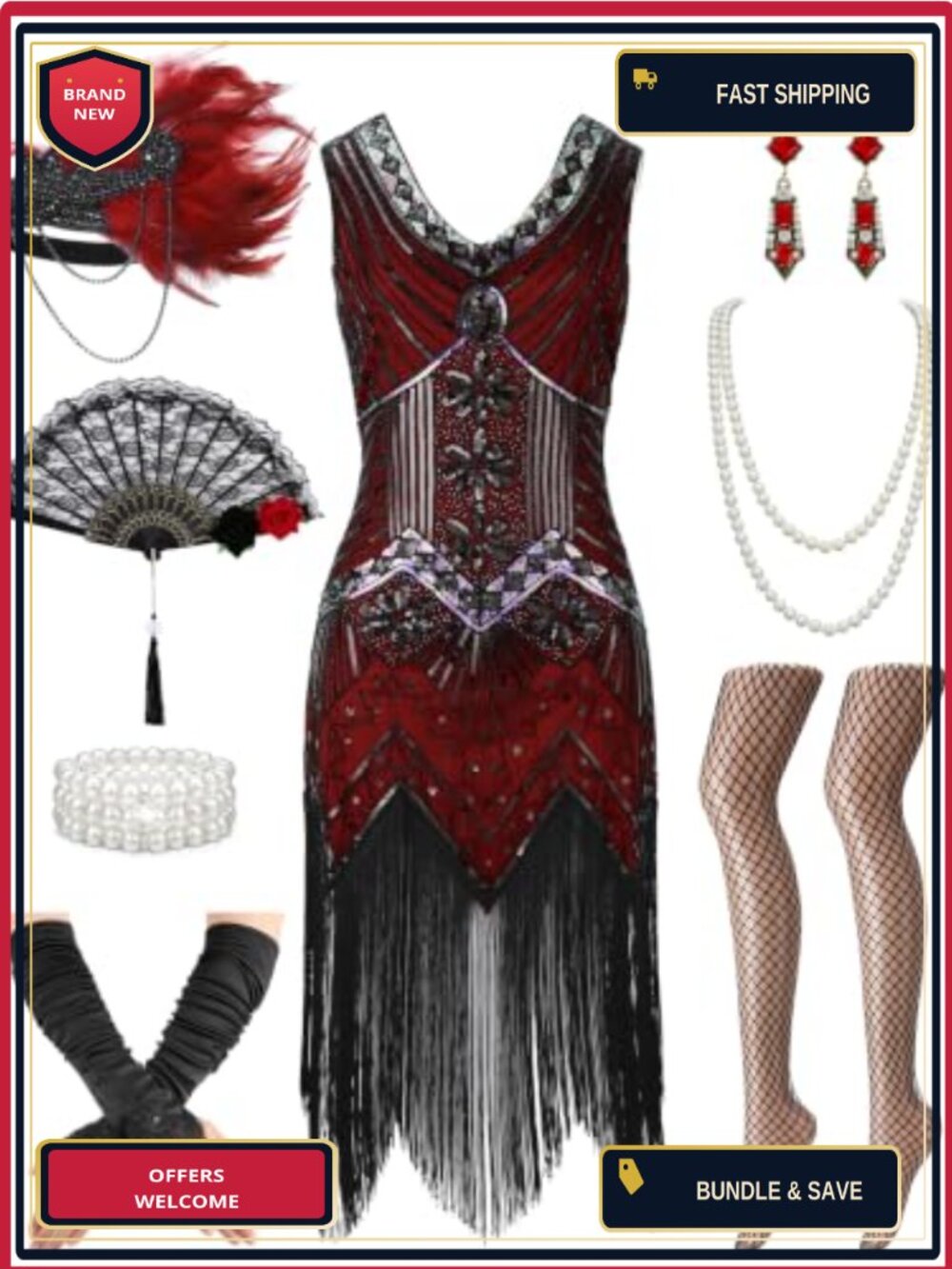 1920s Flapper Dress Sequin Fringe Costume Set with Accessories